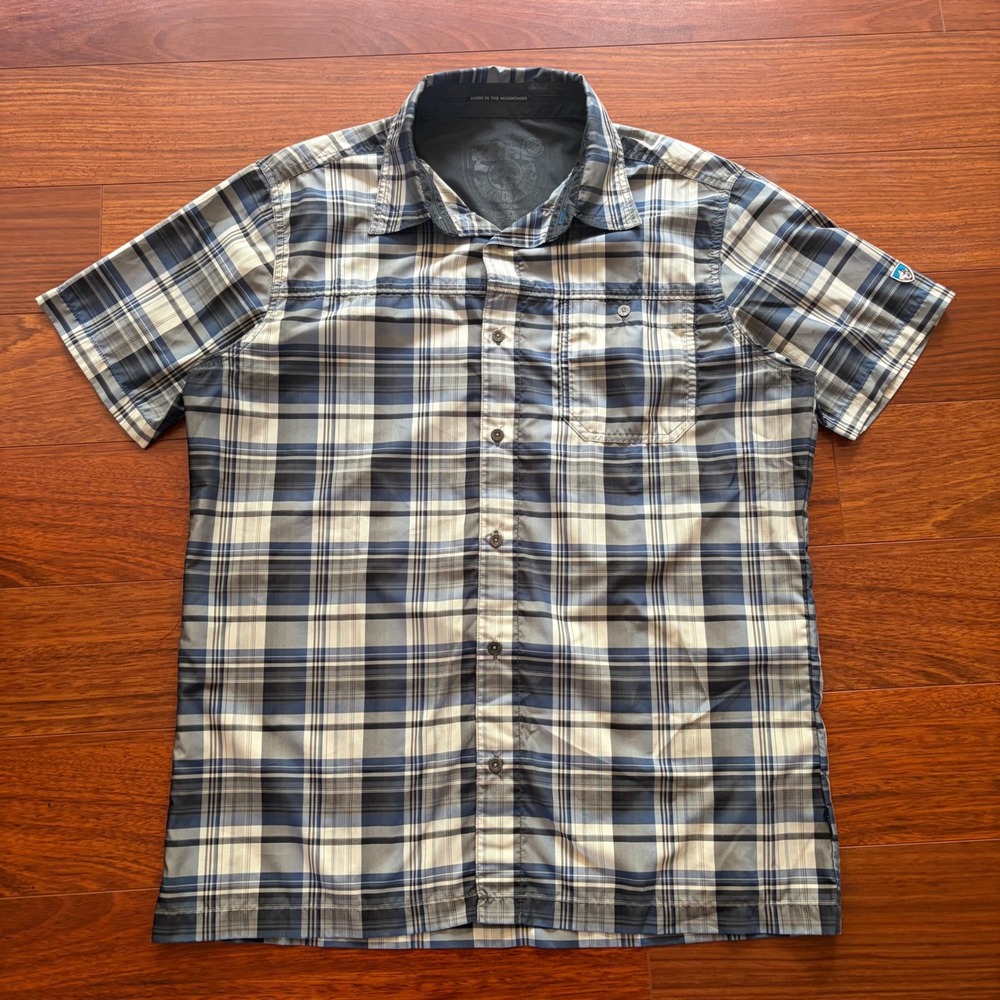 Kuhl Mens Short Sleeve Button Down Plaid Hiking Shirt Blue Grey Medium